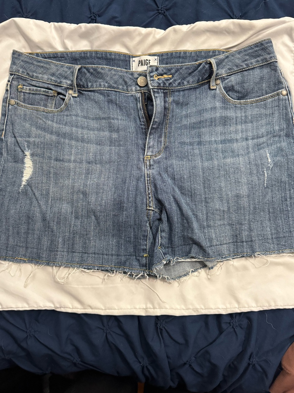 PAIGE Light Blue Denim Shorts with Contrast Stitching